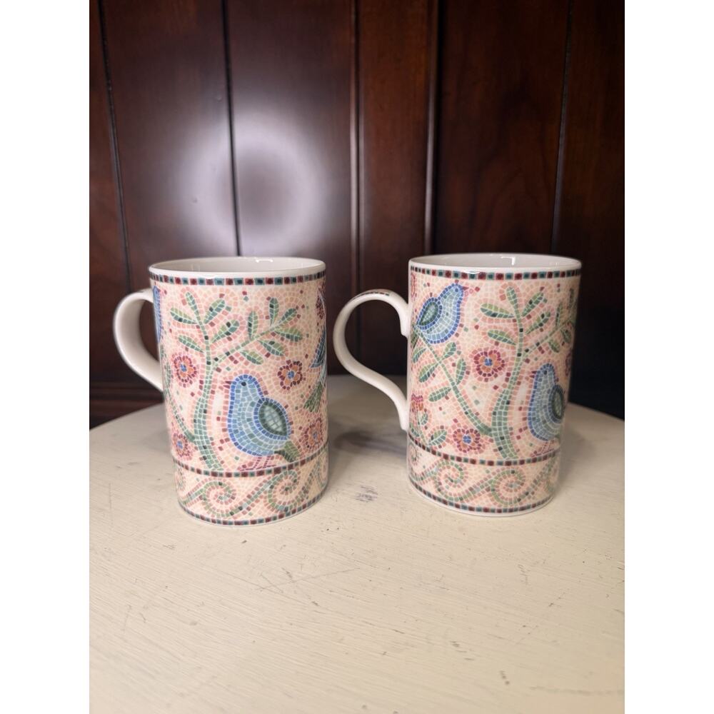 Past Times Churchill England Blue Bird Mosaic Tile Bone China Mug Cups Set Of 2